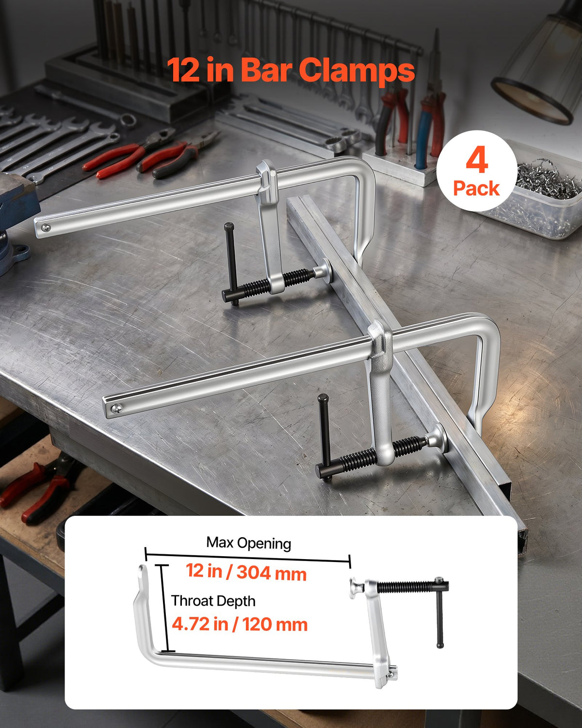 VEVOR Bar Clamps for Woodworking, 4-Pack, 30.48 cm Opening, 12 cm Throat Depth, 545 kg Load Limit, Sturdy Steel Forging and Casting, with Swivel Jaw and T-Handle, for Wood Working and Metal Working
