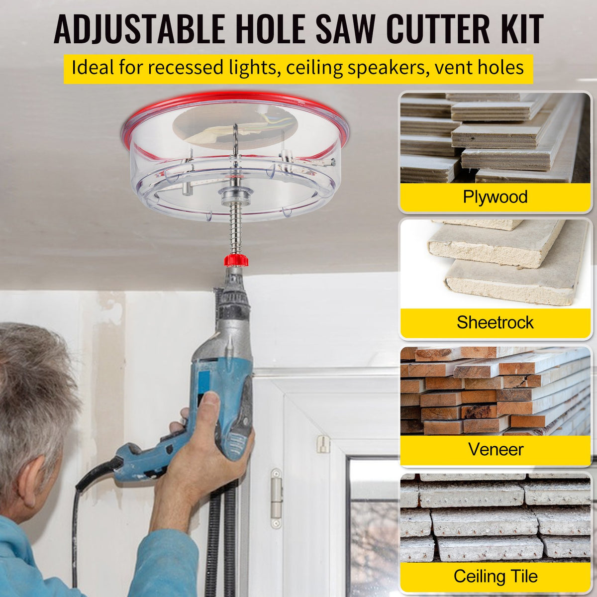 VEVOR Adjustable Hole Saw Cutter Kit, 1-5/8" to 11-13 /16" (40-300 mm), Recessed Hole Saw with PC Dust Shield, Two Replaceable Pilot Drill Bits, for Recessed Lights, Ceiling Speakers, Vent Holes