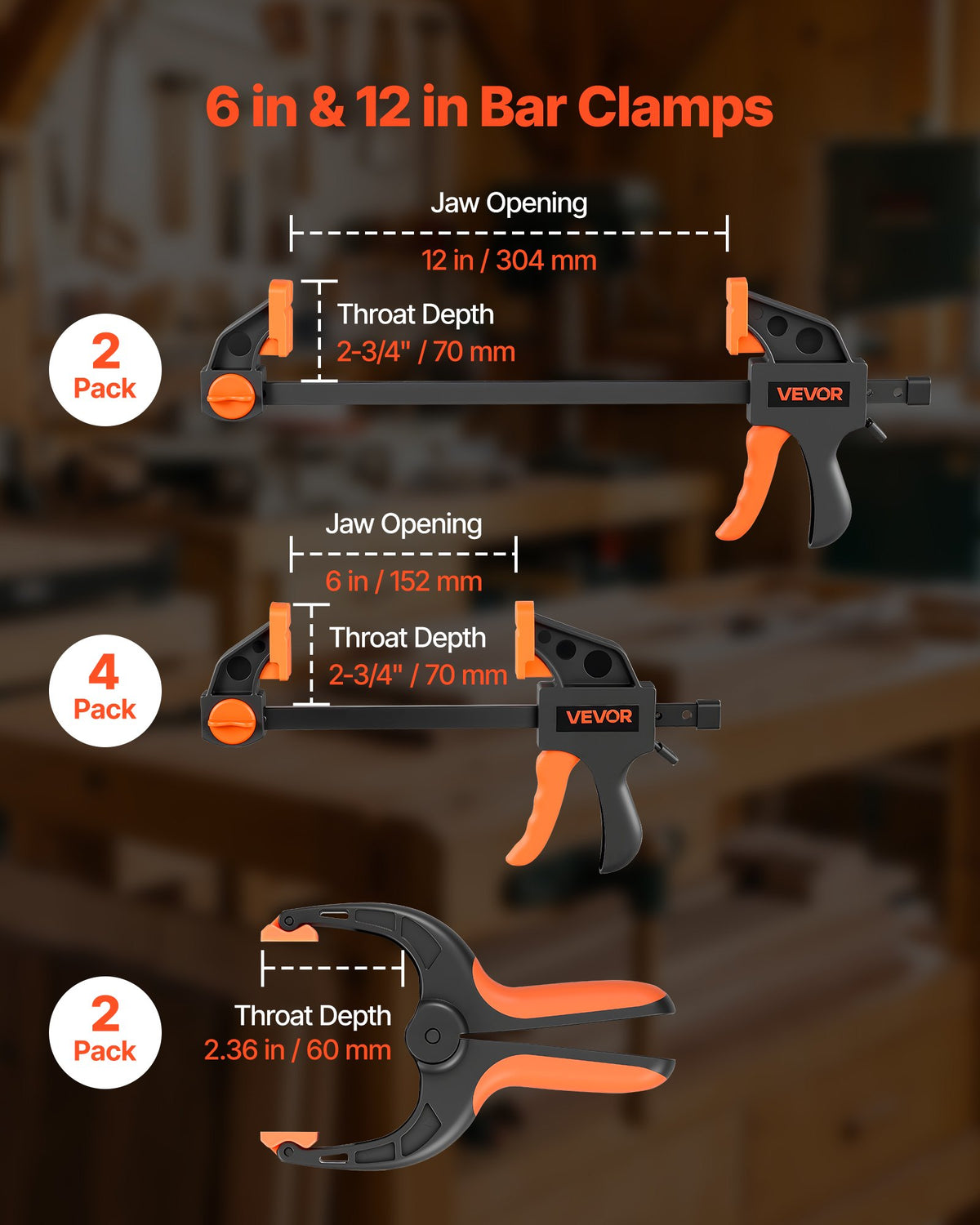 VEVOR Bar Clamps for Woodworking, 8-Pack, 15.24 cm and 30.48 cm, with Spring Clamps, One-Handed Clamp/Spreader, 70 kg Load Limit, Quick Release, Self-Locking Design, for Wood Working and Metal Working