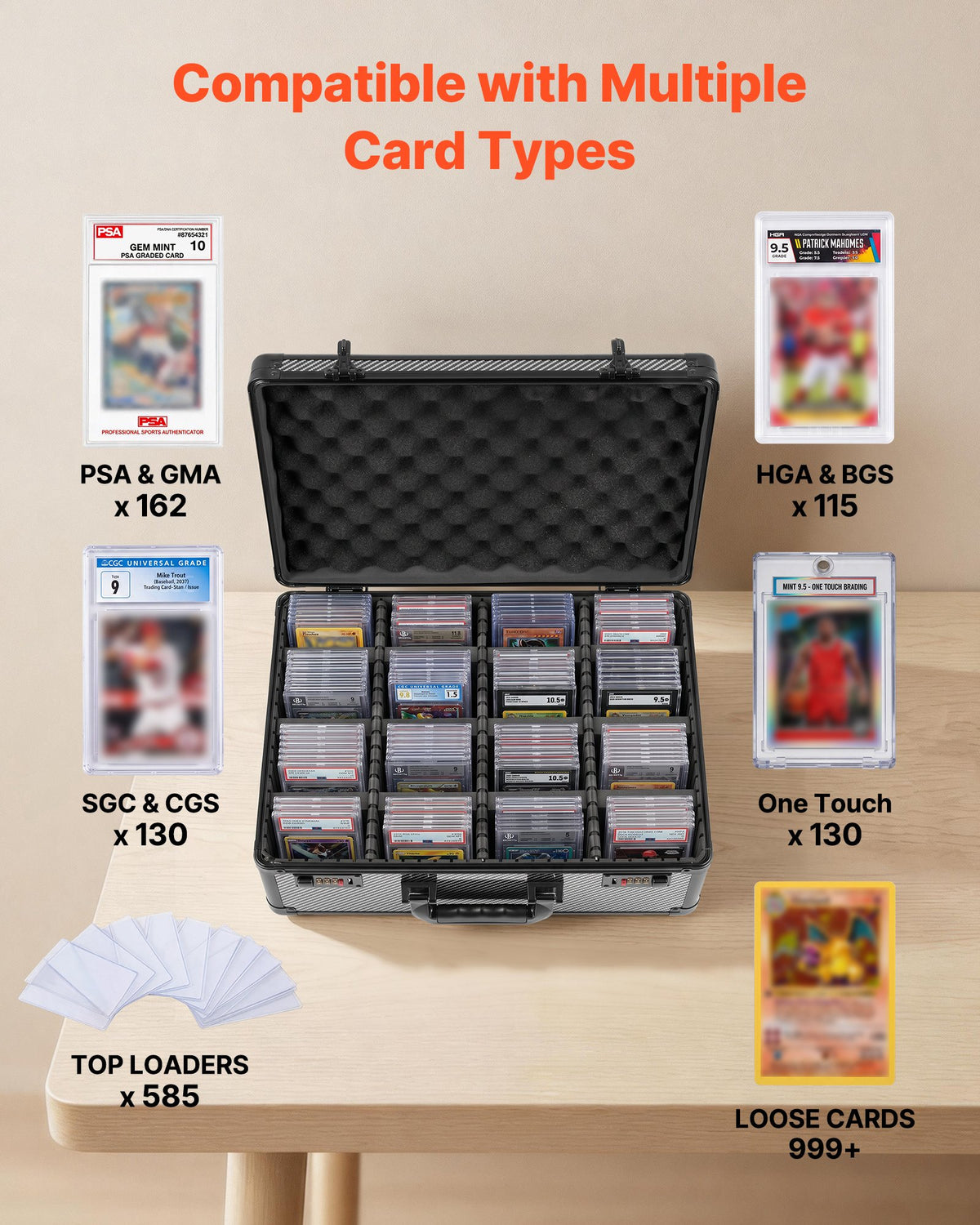 VEVOR Graded Card Case 4 Row 162 PSA Slab Storage Box with Combination Lock, Baseball Sports Trading Cards Holder Collector with 12 Dividers, Holds 130 SGC 115 BGS 585 Top Loaders & 999+ Loose Cards
