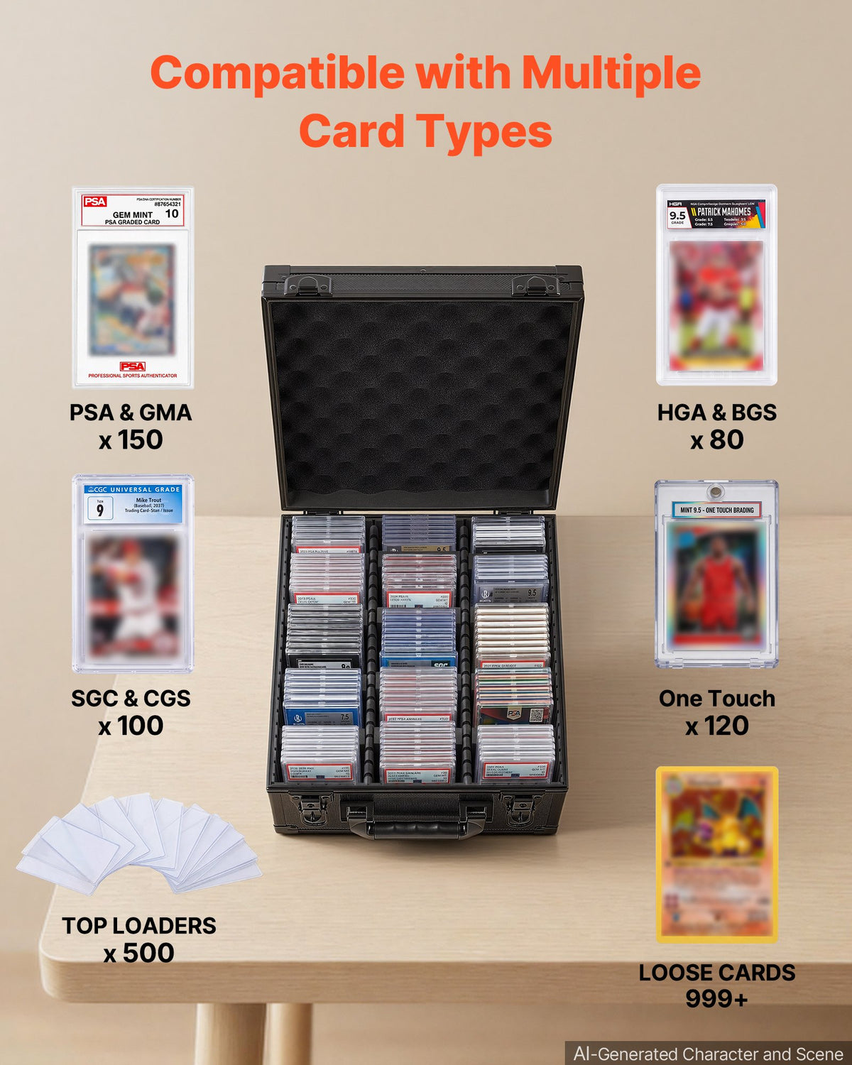 VEVOR Graded Card Case 3 Row 150 PSA Slab Storage Box with Secure Lock, Baseball Sports Trading Cards Holder Collector with 12 Dividers, Key, Holds 100 SGC 80 BGS 500 Top Loaders & 999+ Loose Cards