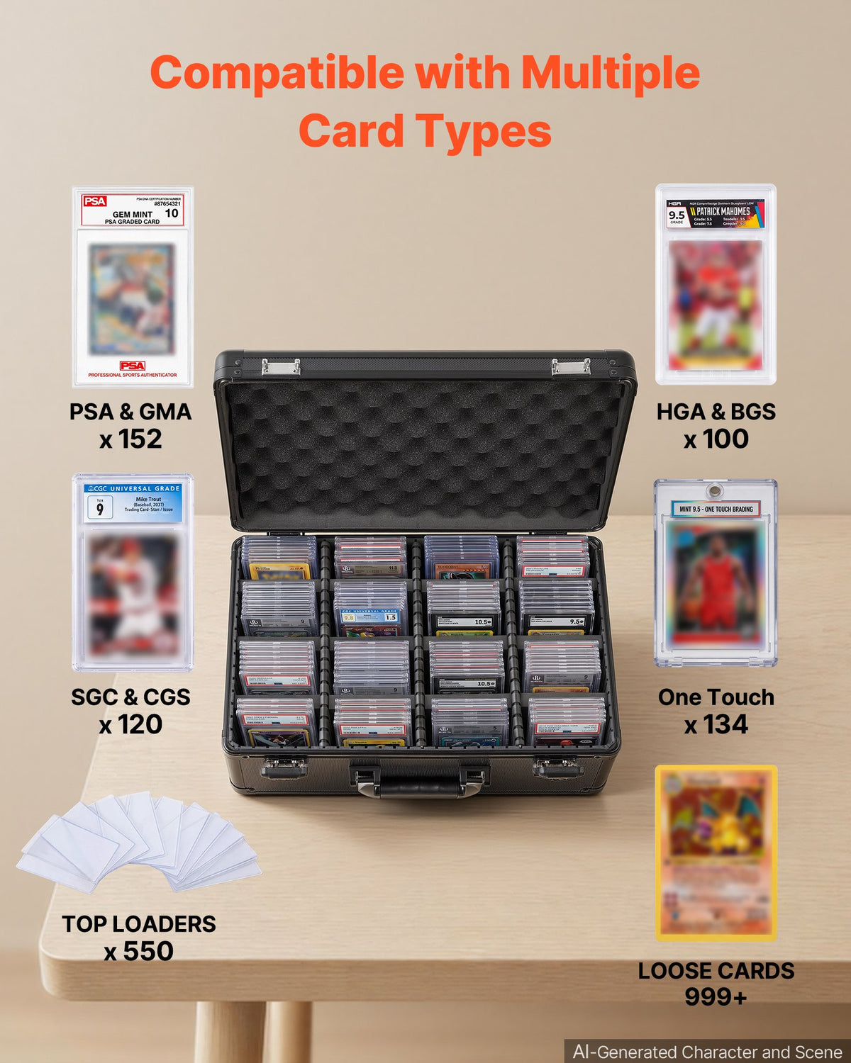 VEVOR Graded Card Case 4 Row 152 PSA Slab Storage Box TSA Approved Lock, Baseball Sports Trading Cards Holder Collector, with 12 Dividers, Holds 120 SGC 100 BGS 550 Top Loaders & 999+ Loose Cards
