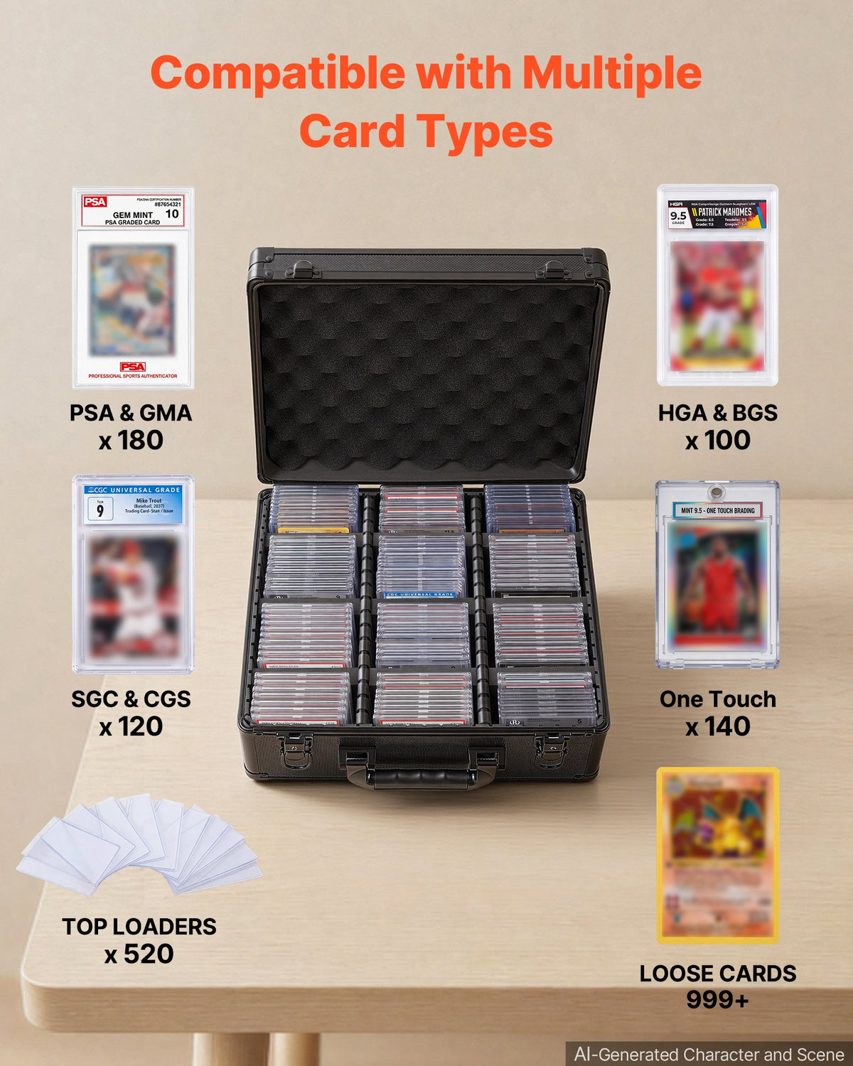 VEVOR Graded Card Case 3 Row 180 PSA Slab Storage Box with Secure Lock, Baseball Sports Trading Cards Holder Collector with 12 Dividers, Key, Holds 120 SGC 100 BGS 520 Top Loaders & 999+ Loose Cards