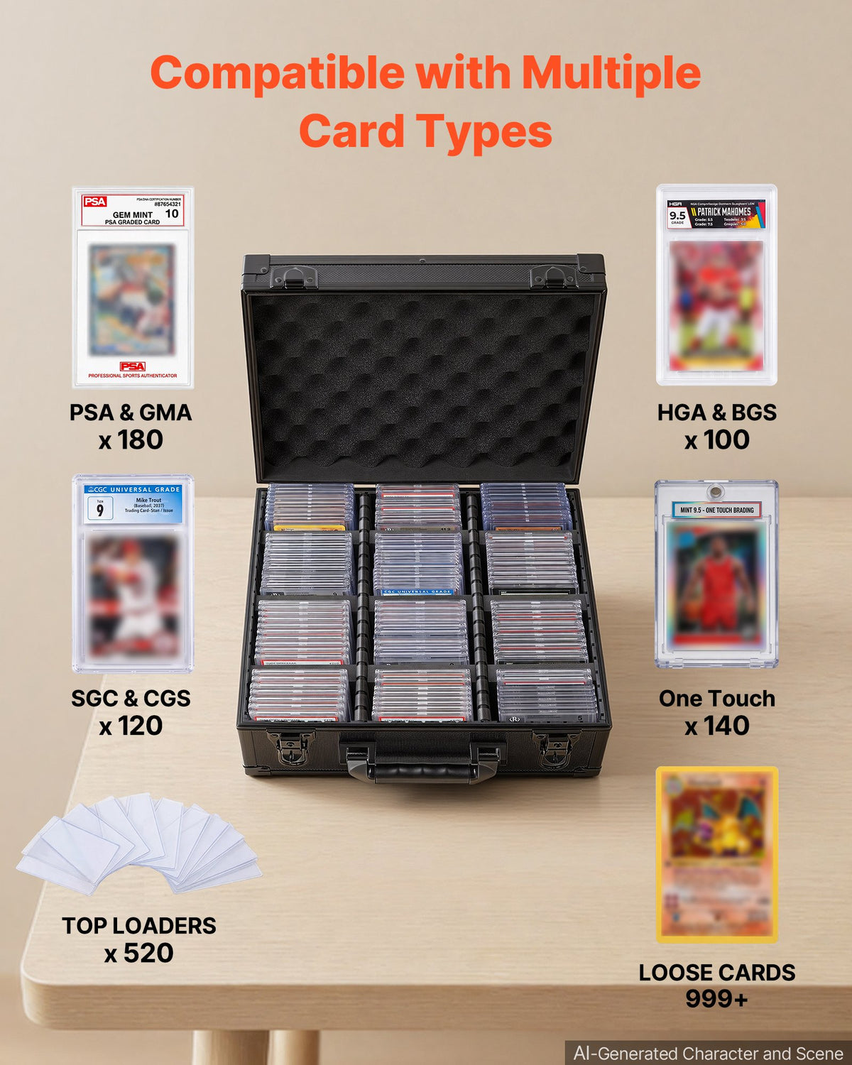 VEVOR Graded Card Case 3 Row 180 PSA Slab Storage Box with Mechanical Lock, Baseball Sports Trading Cards Holder Collector with 12 Dividers, Holds 120 SGC 100 BGS 520 Top Loaders & 999+ Loose Cards