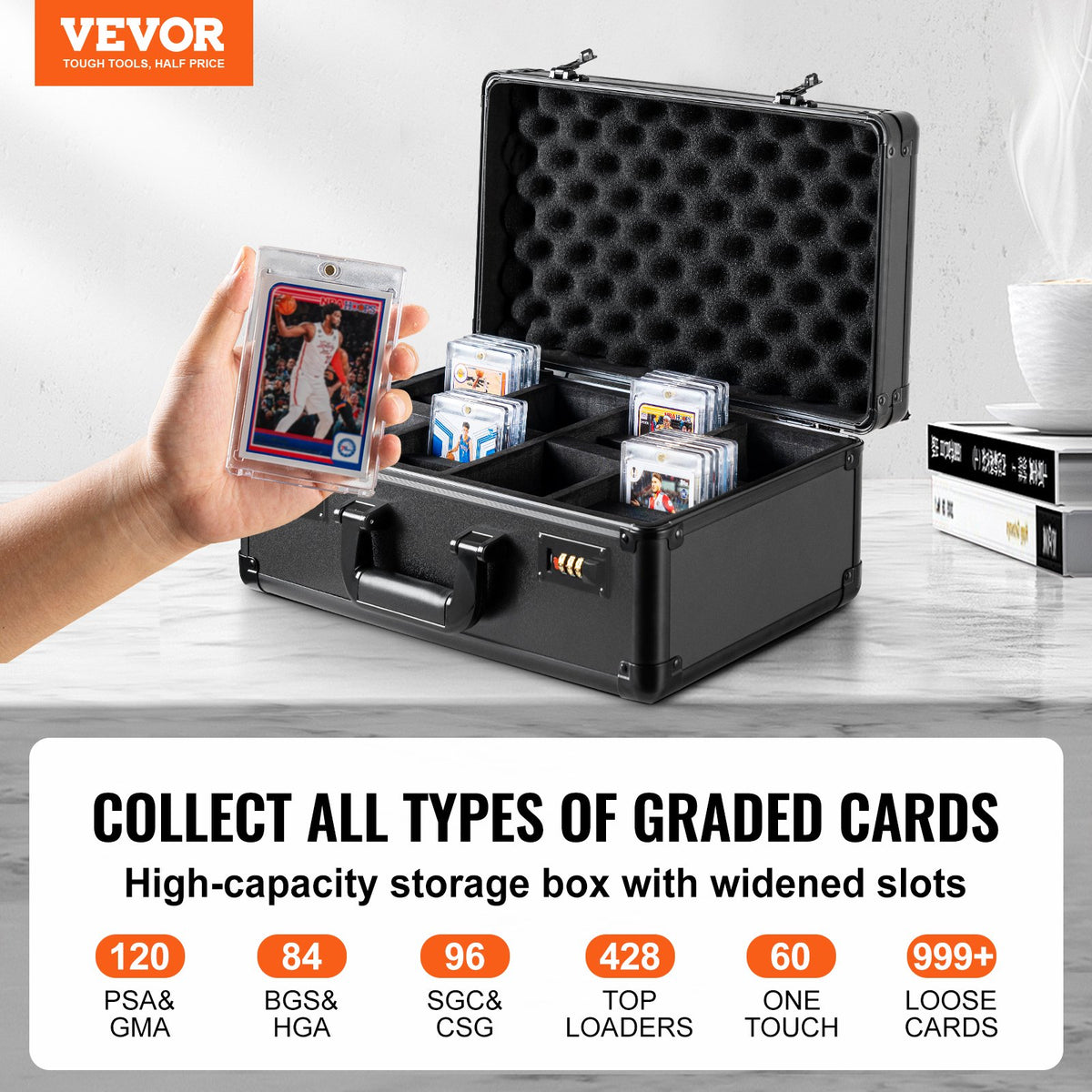 VEVOR Graded Card Storage Box, 4 Slots, Graded Sports Cards Holder Carrying Case with Coded Lock Foam Dividers, for 120 PSA Graded Cards 84 BGS Cards 96 SGC Cards 428 Top Loaders or 999+ Loose Cards