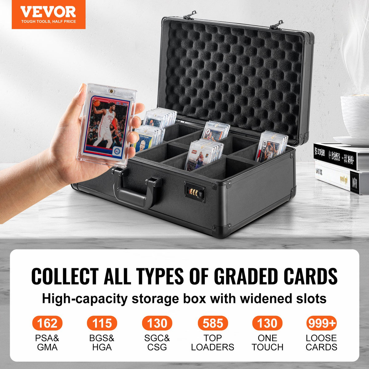 VEVOR Graded Card Storage Box, 5 Slots, Graded Sports Cards Holder Carrying Case with Coded Lock Foam Dividers, for 162 PSA Graded Cards 115 BGS Cards 130 SGC Cards 585 Top Loaders or 999+ Loose Cards