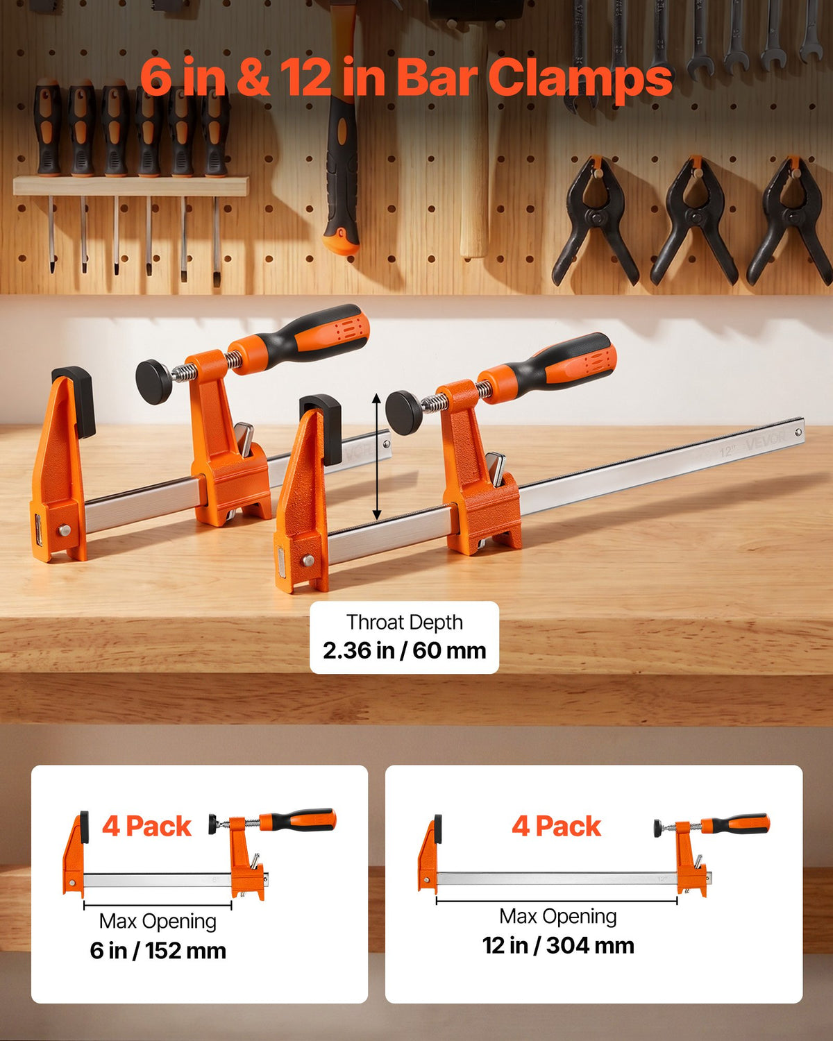 VEVOR Bar Clamps for Woodworking, 8-Pack, 15.24 cm and 30.48 cm F Clamps, 272 kg Load Limit, with Plastic Pad and Self-Locking Design, Malleable Iron and Carbon Steel, for Wood Working Metal Working