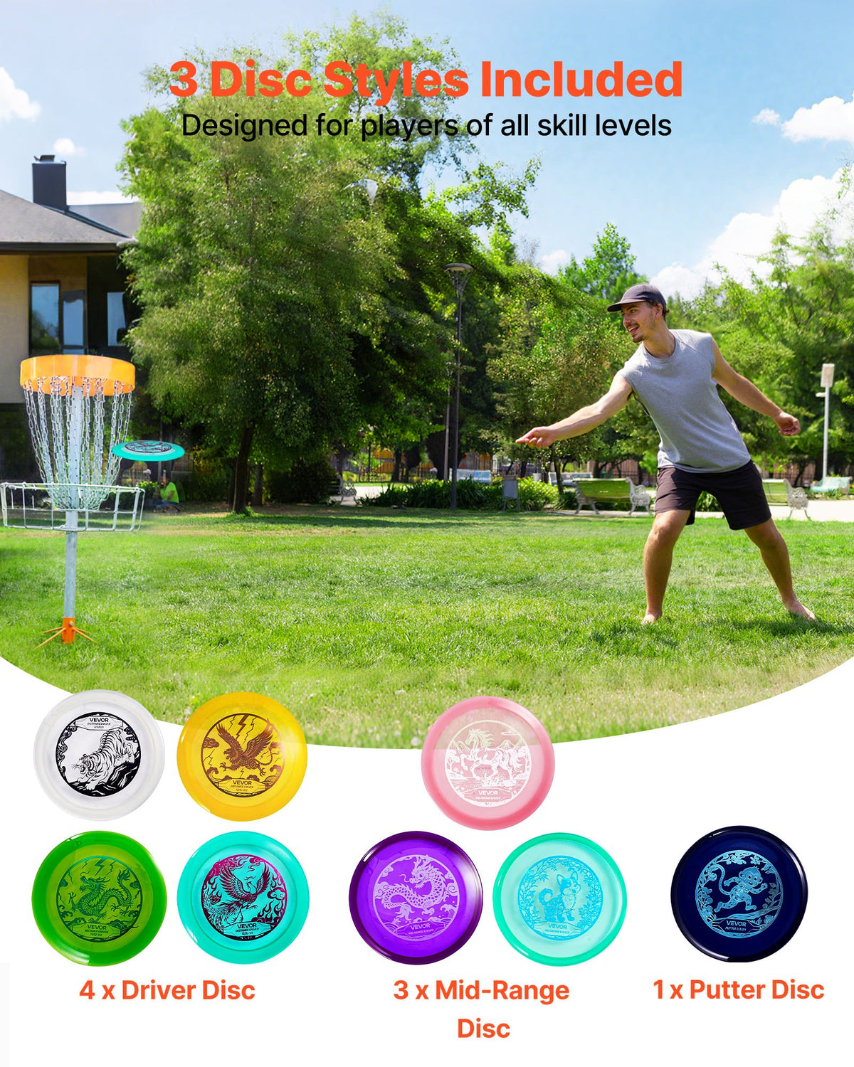 VEVOR Disc Golf Set, 8 Pack Disc Golf Starter Set, Beginners Flying Discs for Full-Body Strength Training, with Putter, Mid-Range, Driver, PDGA Approved, for Outdoor Backyard, Lawn, Beach, and Park