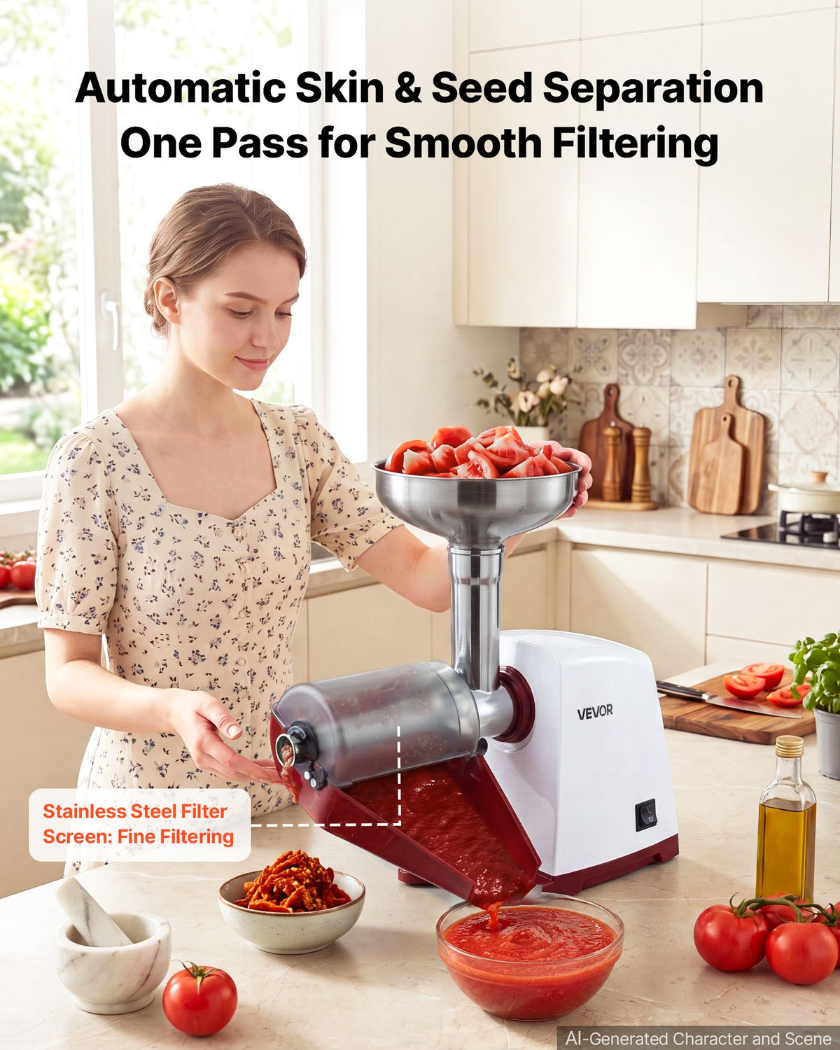 VEVOR Electric Tomato Strainer 800W Max (Rated Power: 150W) Sauce Maker, 40 kg/H For Purees, Strawberry, Salsa, Stainless Steel Tomato Food Mill Press Machine, 1mm, 1.5mm, 3mm & 6mm Screens, White