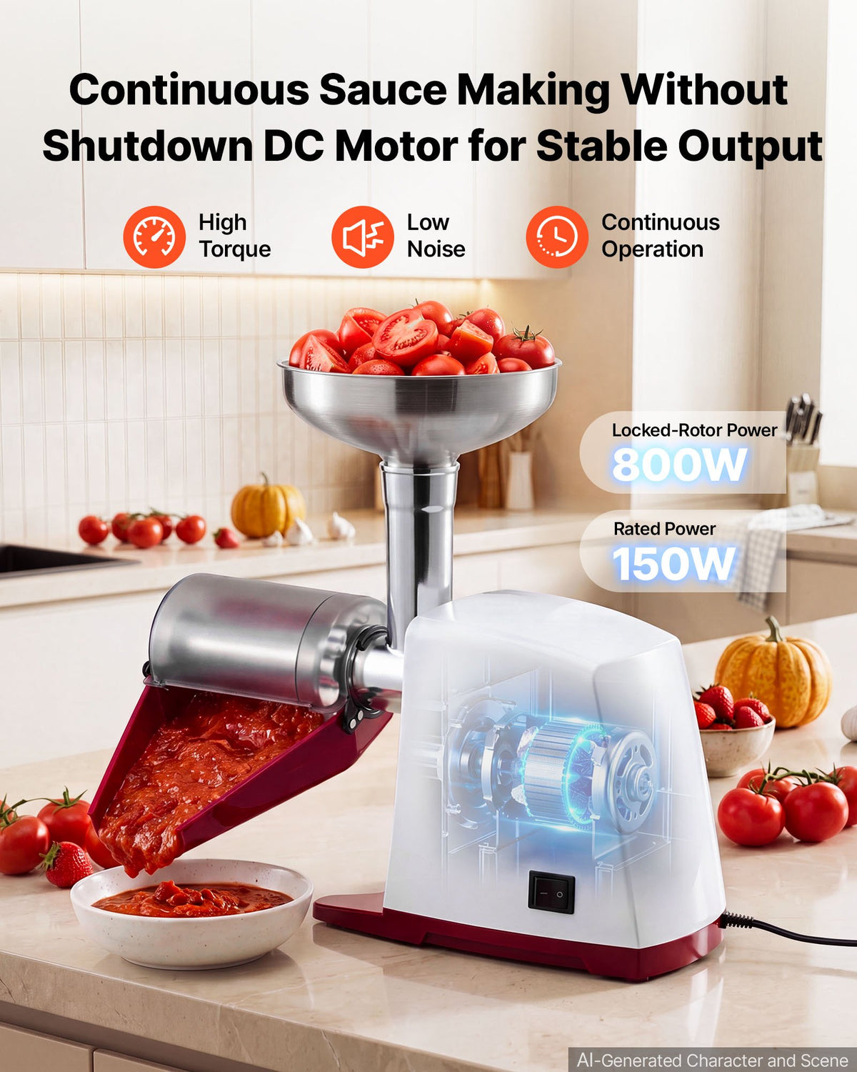 VEVOR Electric Tomato Strainer 800W Max (Rated Power: 150W) Sauce Maker, 40 kg/H For Purees, Strawberry, Salsa, Stainless Steel Tomato Food Mill Press Machine, 1mm, 1.5mm, 3mm & 6mm Screens, White