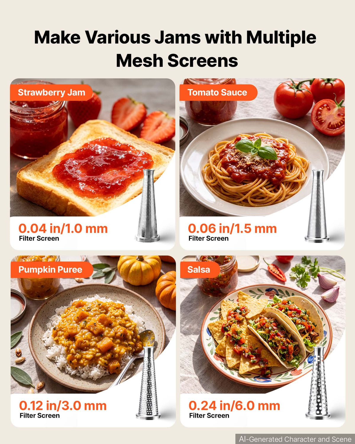 VEVOR Electric Tomato Strainer 800W Max (Rated Power: 150W) Sauce Maker, 40 kg/H For Purees, Strawberry, Salsa, Stainless Steel Tomato Food Mill Press Machine, 1mm, 1.5mm, 3mm & 6mm Screens, White