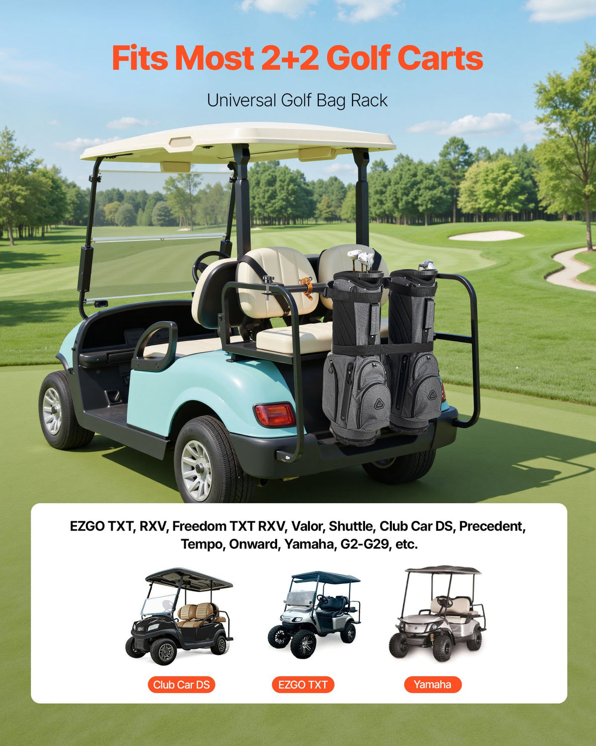 VEVOR Golf Cart Bag Holder, 1370 x 195 x 60.5 mm, Compatible with Most 2+2 Golf Cart Rear Seat with 1.2-Inch Square Tubes, Adjustable Rear Seat Carts Club Holder with Strap, No Drilling Required