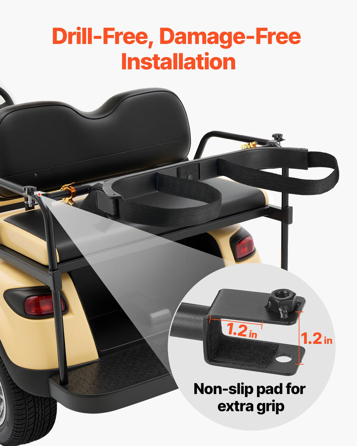 VEVOR Golf Cart Bag Holder, 1370 x 195 x 60.5 mm, Compatible with Most 2+2 Golf Cart Rear Seat with 1.2-Inch Square Tubes, Adjustable Rear Seat Carts Club Holder with Strap, No Drilling Required
