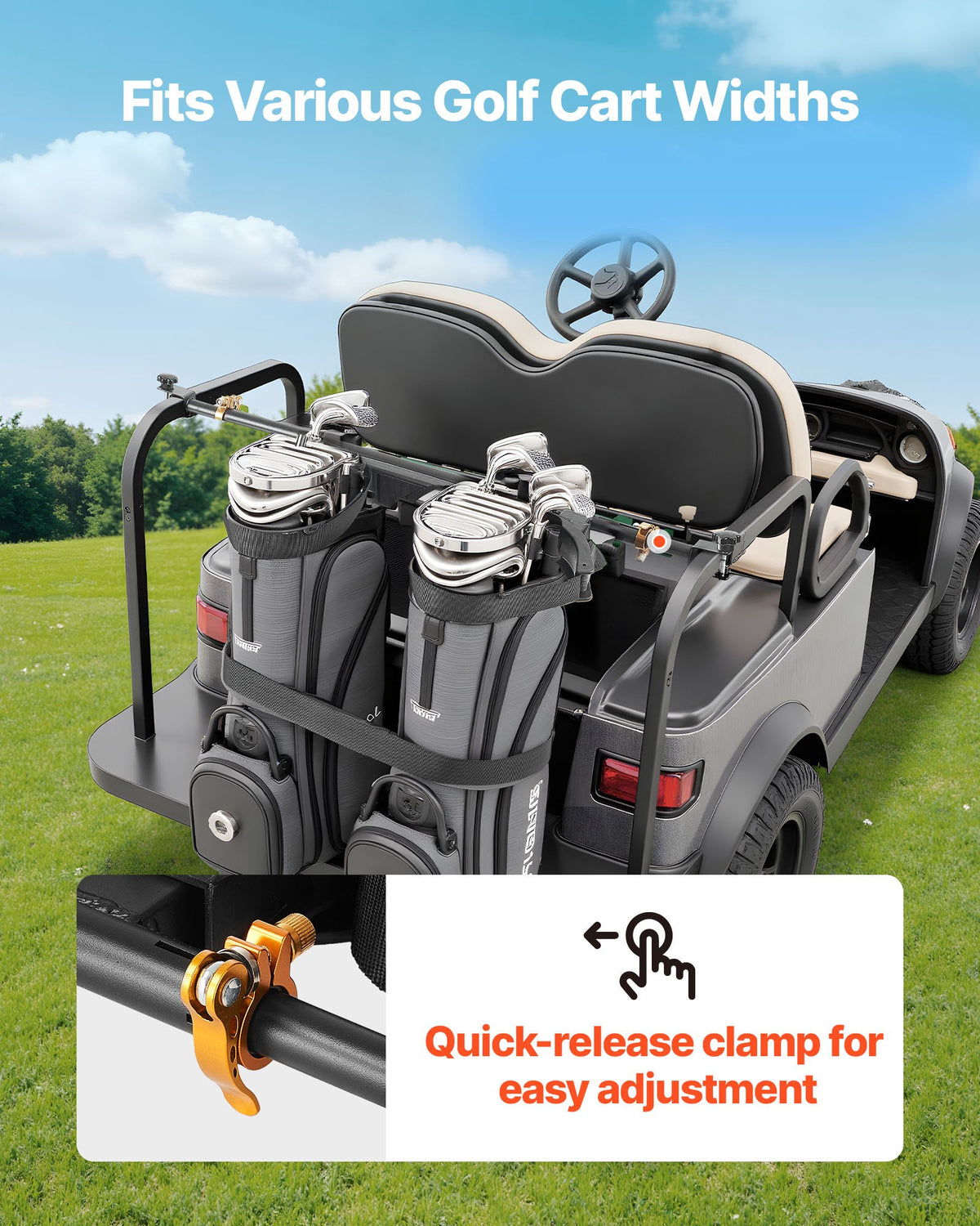 VEVOR Golf Cart Bag Holder, 1370 x 195 x 60.5 mm, Compatible with Most 2+2 Golf Cart Rear Seat with 1.2-Inch Square Tubes, Adjustable Rear Seat Carts Club Holder with Strap, No Drilling Required