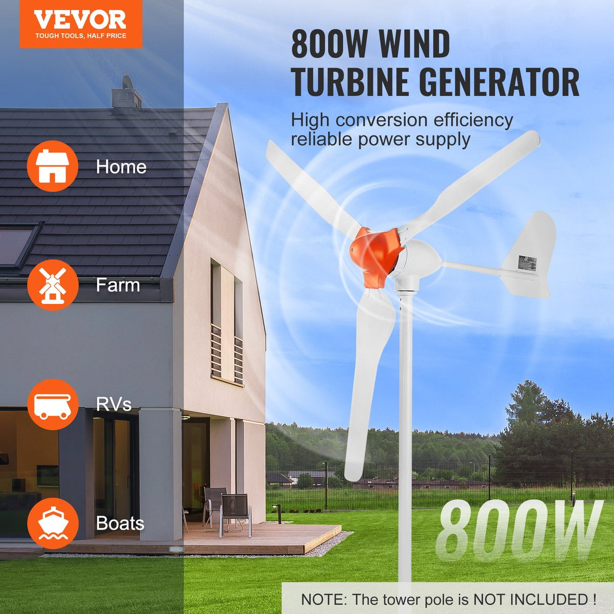 VEVOR 800W Wind Turbine Generator, 12V Wind Turbine Kit, 3-Blade Wind Power Generator with MPPT Controller, Adjustable Windward Direction & 2.5m/s Start Wind Speed, Suitable for Home, Farm, RVs, Boats