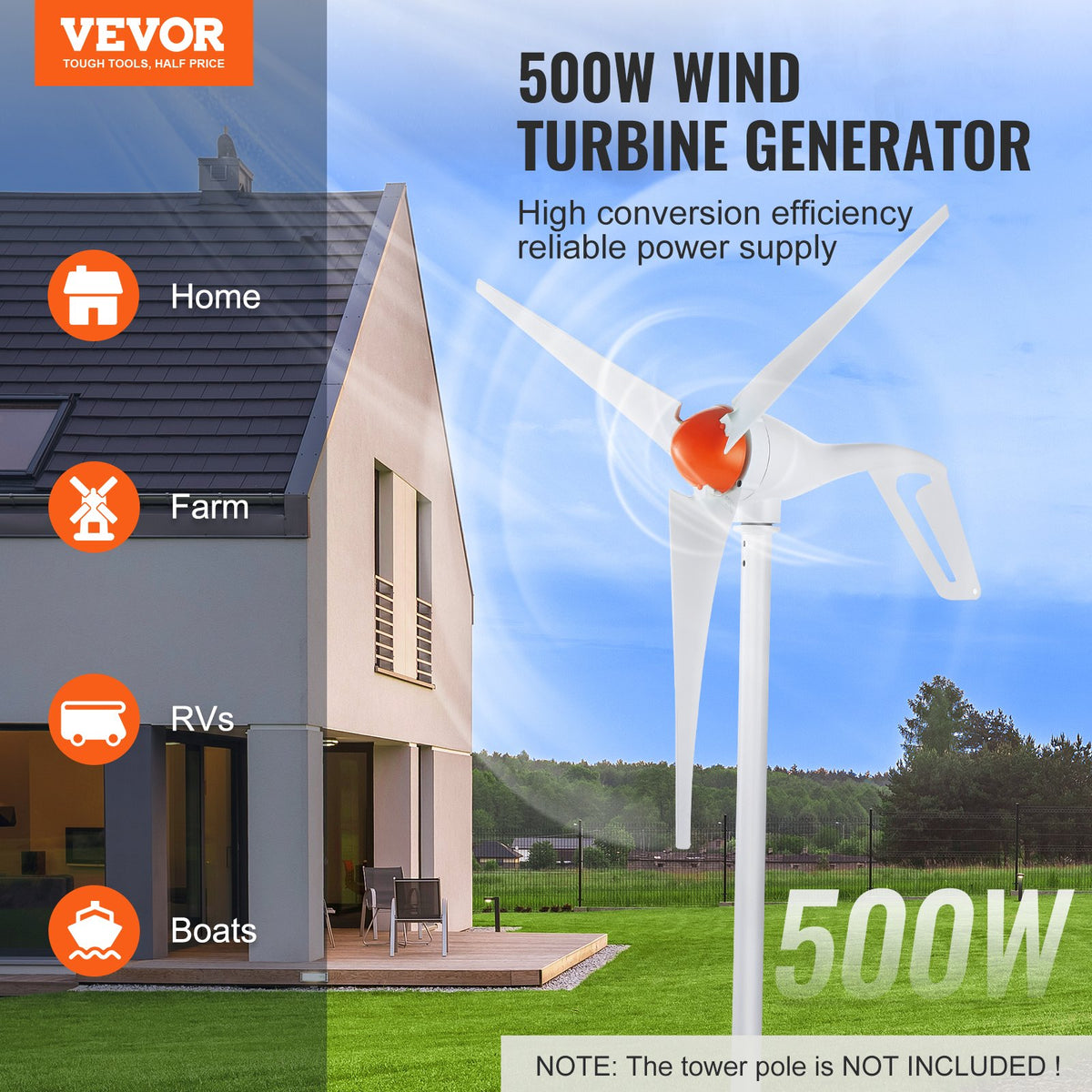 VEVOR 500W Wind Turbine Generator, 12V Wind Turbine Kit, 3-Blade Wind Power Generator with MPPT Controller, Adjustable Windward Direction & 2.5m/s Start Wind Speed, Suitable for Home, Farm, RVs, Boats