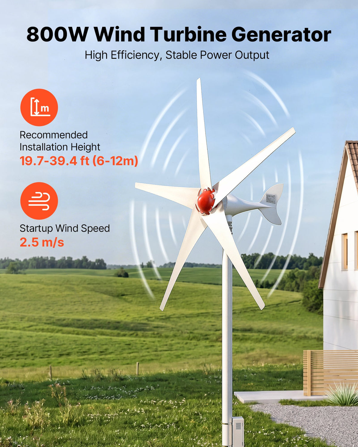 VEVOR 800W 12V Wind Turbine Generator, 5-Blade Wind Turbine Kit with MPPT Controller, High-Efficiency 3-Phase AC Permanent Wind Power Generator for RVs, Boats, Home, Farm (Tower Pole Not Included)