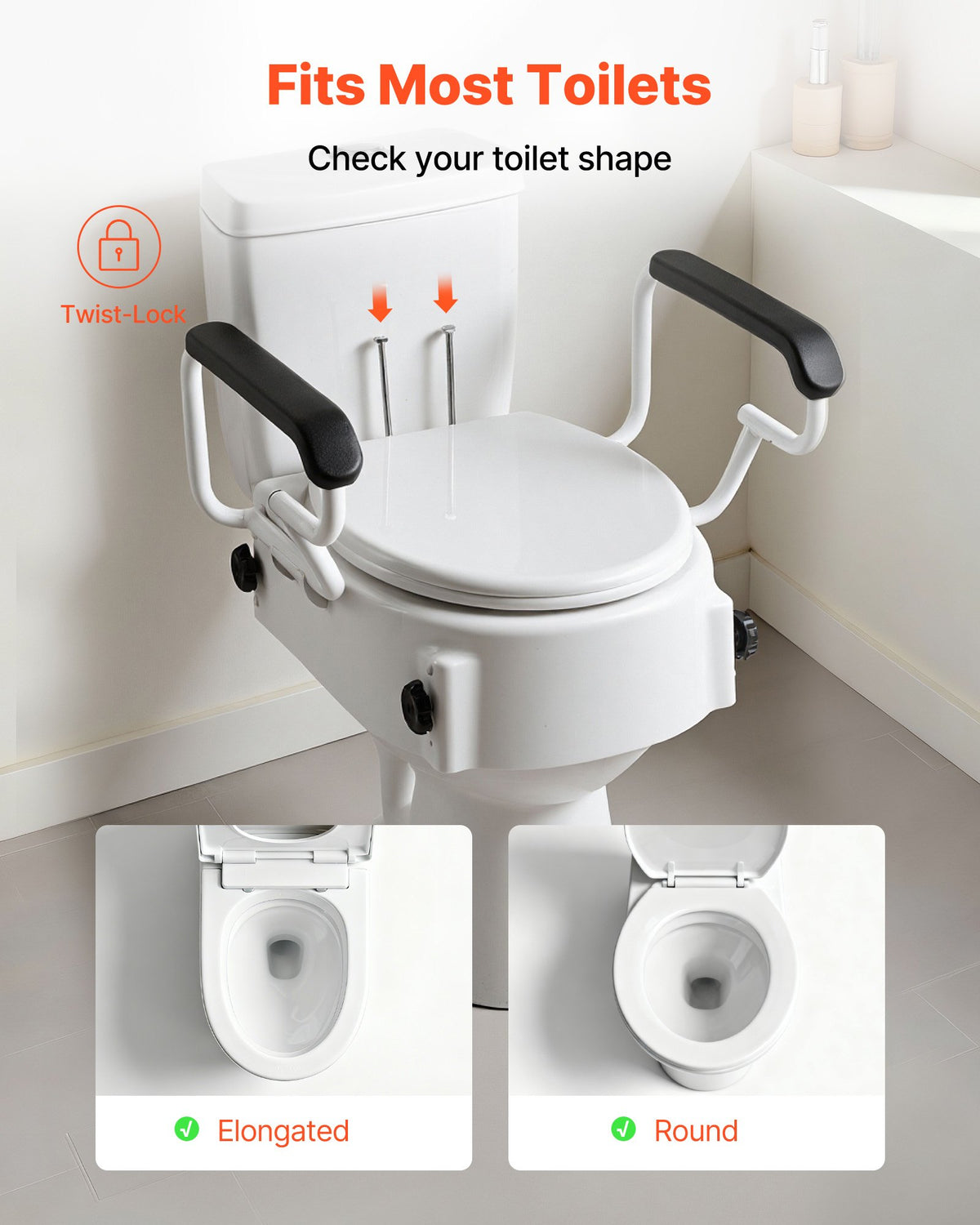 VEVOR Raised Toilet Seat with Arms, 136.1 kg Load Capacity, 3-Level Adjustable Height, Widened Commode Elevated Toilet Seat Riser with Padded Handles for Seniors, Elderly, Handicap, Disabled, Adults