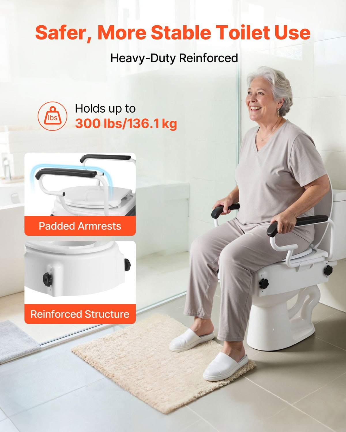 VEVOR Raised Toilet Seat with Arms, 136.1 kg Load Capacity, 3-Level Adjustable Height, Widened Commode Elevated Toilet Seat Riser with Padded Handles for Seniors, Elderly, Handicap, Disabled, Adults