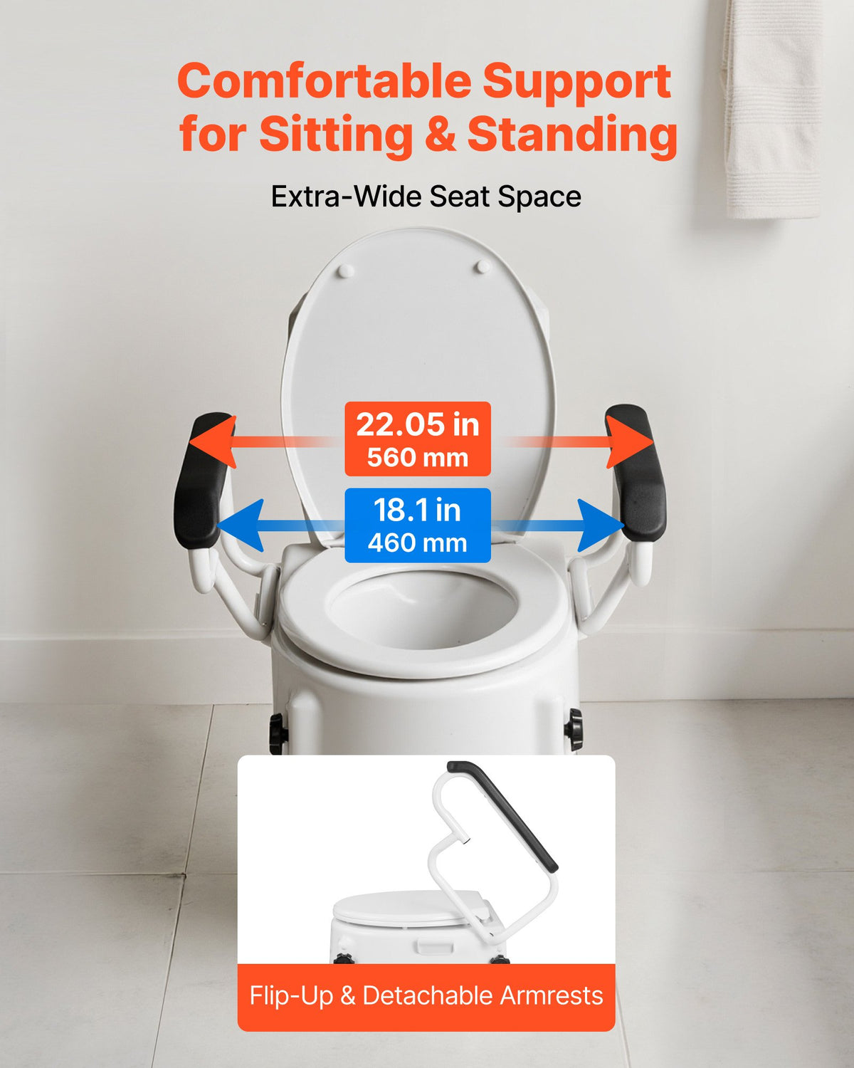 VEVOR Raised Toilet Seat with Arms, 136.1 kg Load Capacity, 3-Level Adjustable Height, Widened Commode Elevated Toilet Seat Riser with Padded Handles for Seniors, Elderly, Handicap, Disabled, Adults