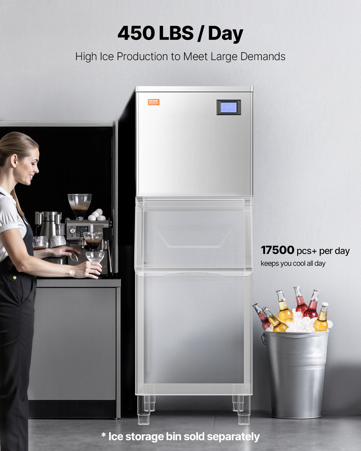 VEVOR Commercial Ice Maker Machine 450 lbs/Day, 22 Inch Stainless Steel Industrial Ice Machine, Self-Cleaning and Scheduled Ice Making, Modular Ice Cube Machine for Restaurant Hotel - Head Only