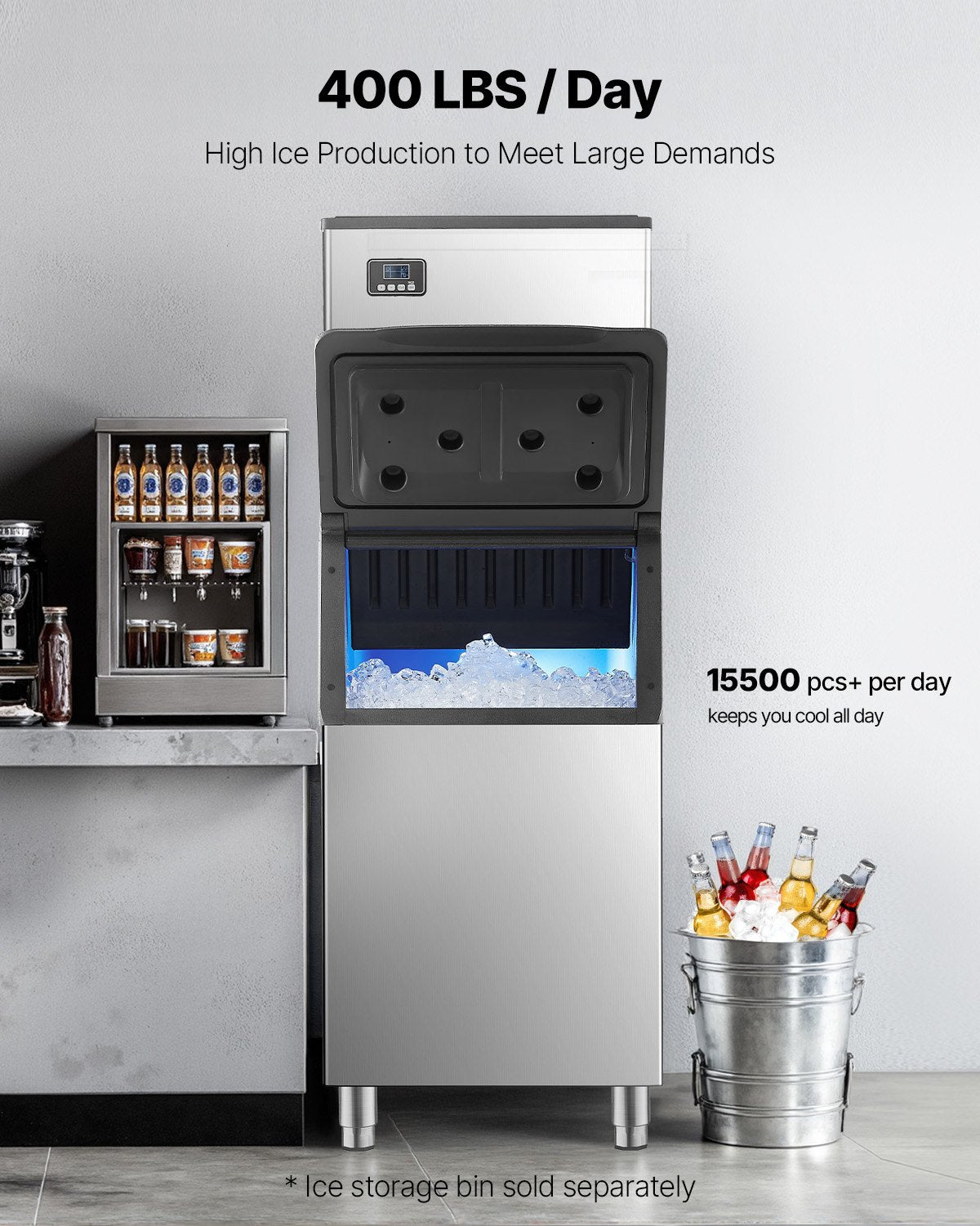 VEVOR Commercial Ice Maker Machine - Head, 181.4 kg/Day Stainless Steel Ice Machine with Self-Cleaning, Scheduled Ice-Making, Adjustable Thickness, Ideal for Restaurant Bar Cafe Hotel - Head Only