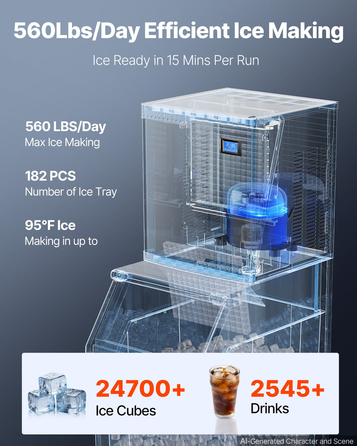 VEVOR Commercial Ice Maker Machine 254 kg/24H Ice-Making Stainless Steel, for Bar Cafe Restaurant Business, Ice Ready in 15 Mins, Freestanding with 113 kg Ice Storage Bin and Auto Self-Cleaning