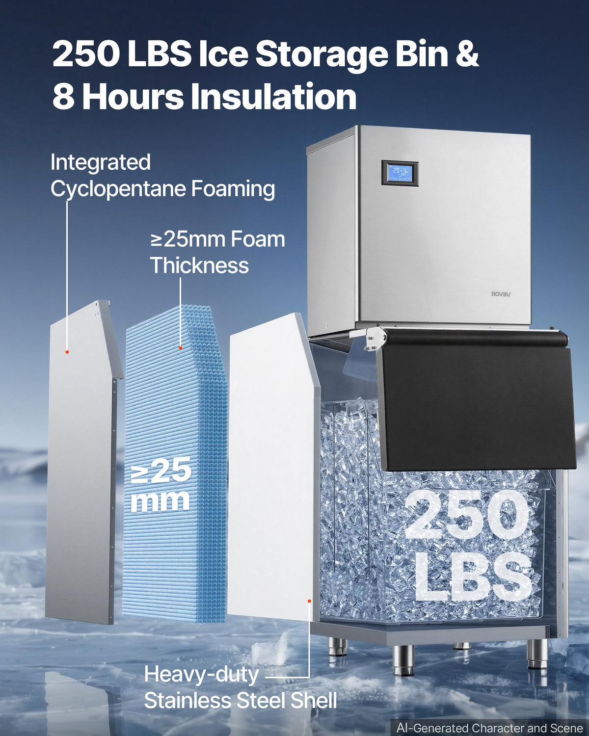 VEVOR Commercial Ice Maker Machine 254 kg/24H Ice-Making Stainless Steel, for Bar Cafe Restaurant Business, Ice Ready in 15 Mins, Freestanding with 113 kg Ice Storage Bin and Auto Self-Cleaning