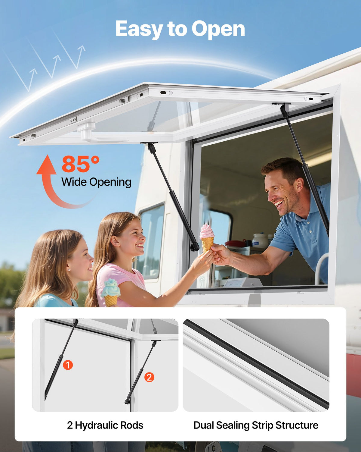 VEVOR Concession Window 92x61 cm, Aluminum Alloy Frame Service Window for Food Truck, Up to 85 Degrees Stand Serving Window with Awning Door and Drag Hook, Rainwater Resistant for Concession Trailers