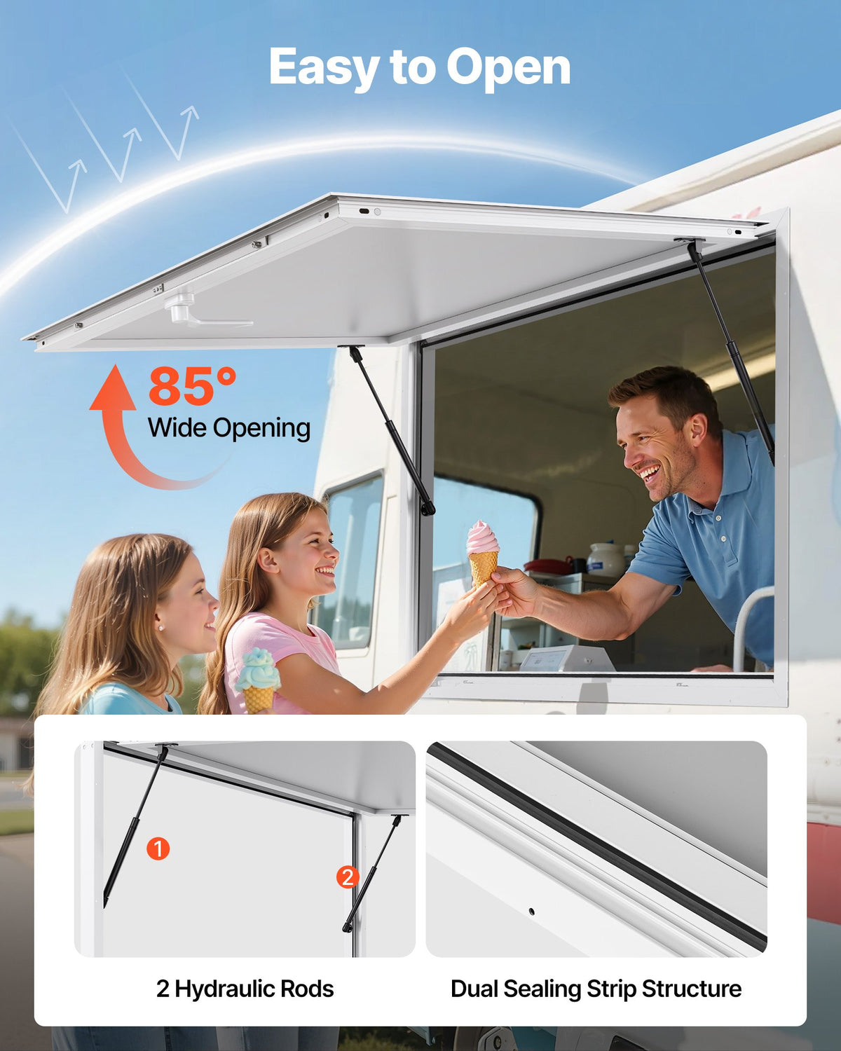 VEVOR Concession Window 152x92 cm, Aluminum Alloy Frame Service Window for Food Truck, Up to 85 Degrees Stand Serving Window with Awning Door and Drag Hook, Rainwater Resistant for Concession Trailer