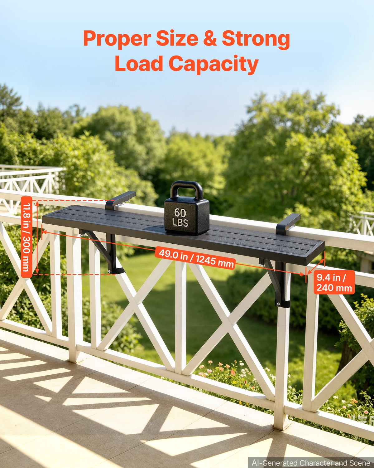 VEVOR Balcony Hanging Table 1245 x 240 mm 27 kg Balcony Railing Bar Table, for Outdoor Patio Garden Deck Use, Fits 25-65 mm Rails, Adjustable Bracket Spacing, Durable Wood-Plastic Composite Material