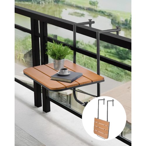 VEVOR Balcony Hanging Table, 25 x 24 in Folding Balcony Railing Table, Outdoor Balcony Bar Table for Railings, 4-Level Adjustable, Fit Railing from 1" to 8.27", Serving Table for Patio & Deck