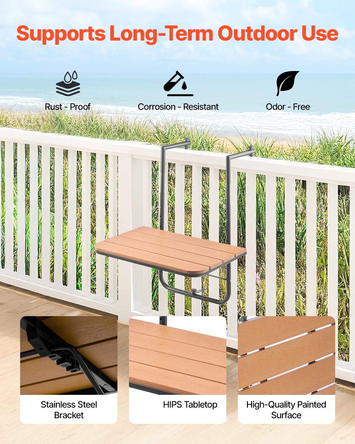 VEVOR Balcony Hanging Table, 25 x 24 in Folding Balcony Railing Table, Outdoor Balcony Bar Table for Railings, 4-Level Adjustable, Fit Railing from 1" to 8.27", Serving Table for Patio & Deck