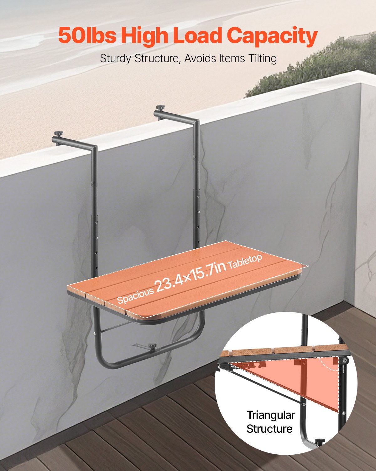 VEVOR Balcony Hanging Table, 25 x 24 in Folding Balcony Railing Table, Outdoor Balcony Bar Table for Railings, 4-Level Adjustable, Fit Railing from 1" to 8.27", Serving Table for Patio & Deck