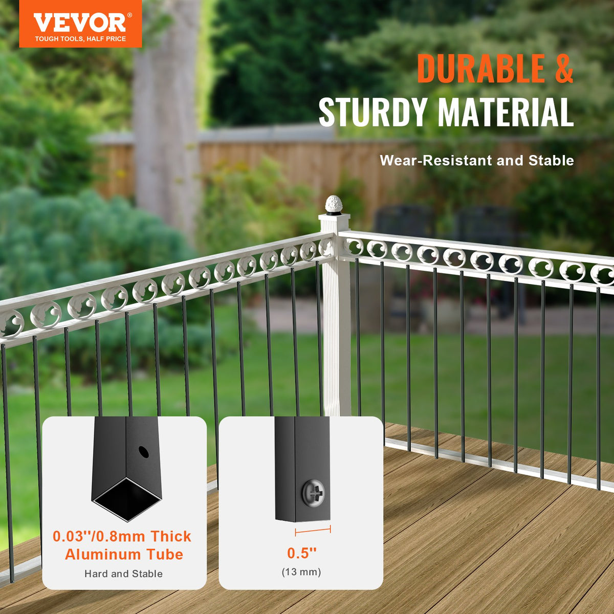 VEVOR Staircase Metal Balusters, 44'' x 0.5'' Square Aluminum Alloy Decorative Banister Spindles, 31 Pack Deck Baluster with Screws, Classic Hollow Straight Deck Railing Satin Black Powder Coated