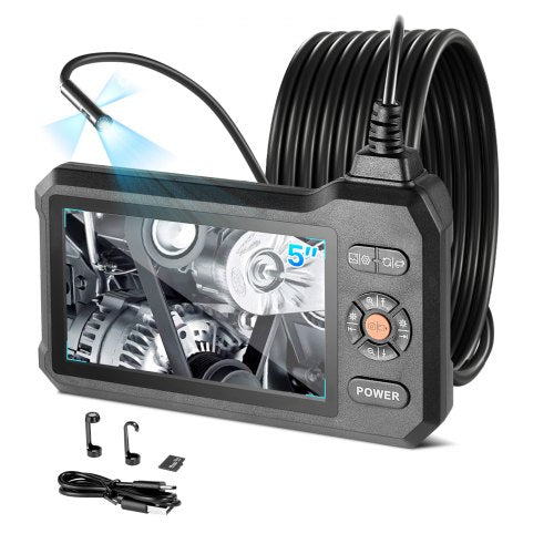 VEVOR Triple Lens Endoscope with Light, 5" HD IPS Screen Industrial Borescope Camera, 1280 x 720 Lens, 8 + 2 LEDs, 8X Zoom, IP67 Waterproof Inspection Snake Camera for Auto, Plumbing (5m Rigid Cable)