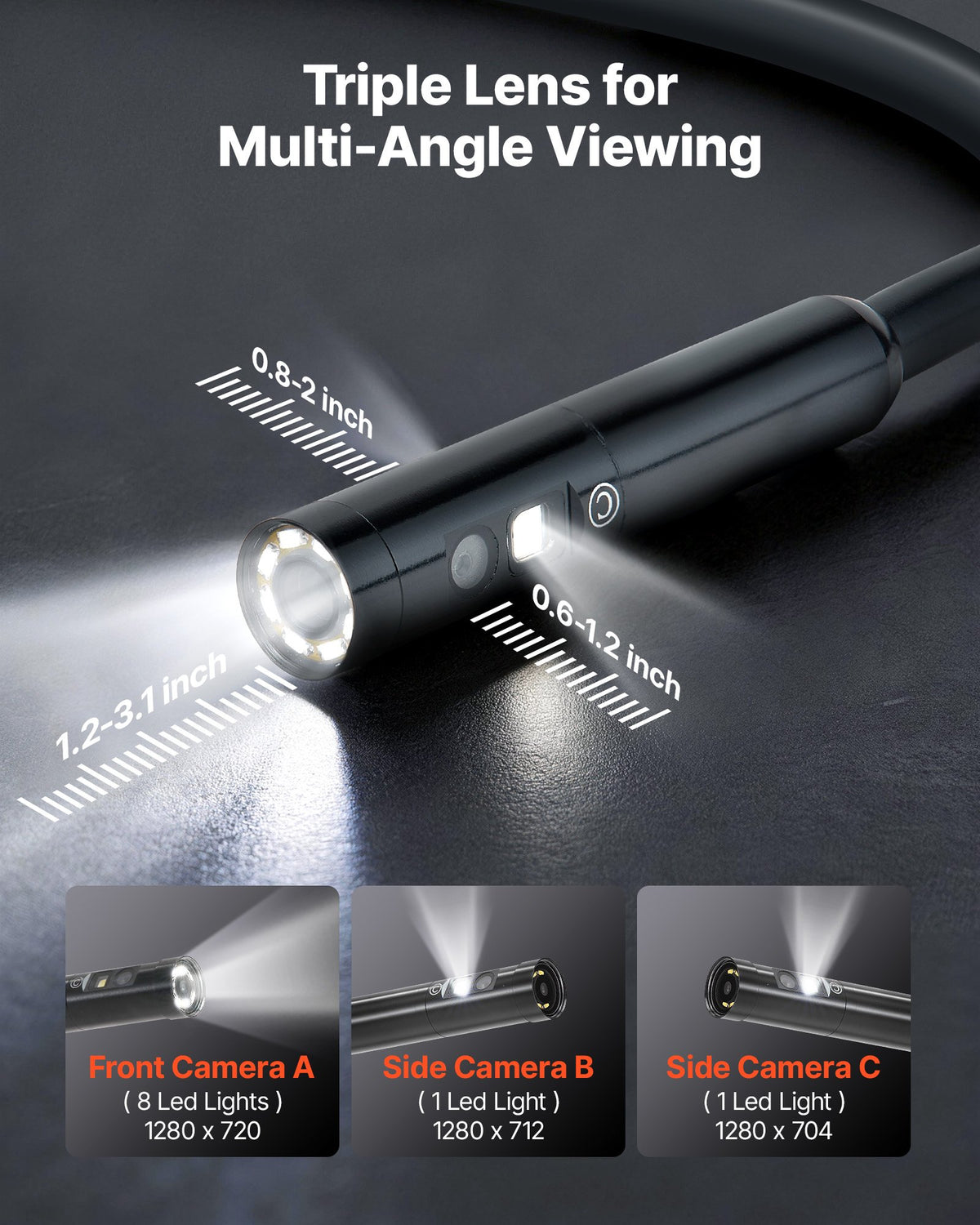 VEVOR Triple Lens Endoscope with Light, 5" HD IPS Screen Industrial Borescope Camera, 1280 x 720 Lens, 8 + 2 LEDs, 8X Zoom, IP67 Waterproof Inspection Snake Camera for Auto, Plumbing (5m Rigid Cable)