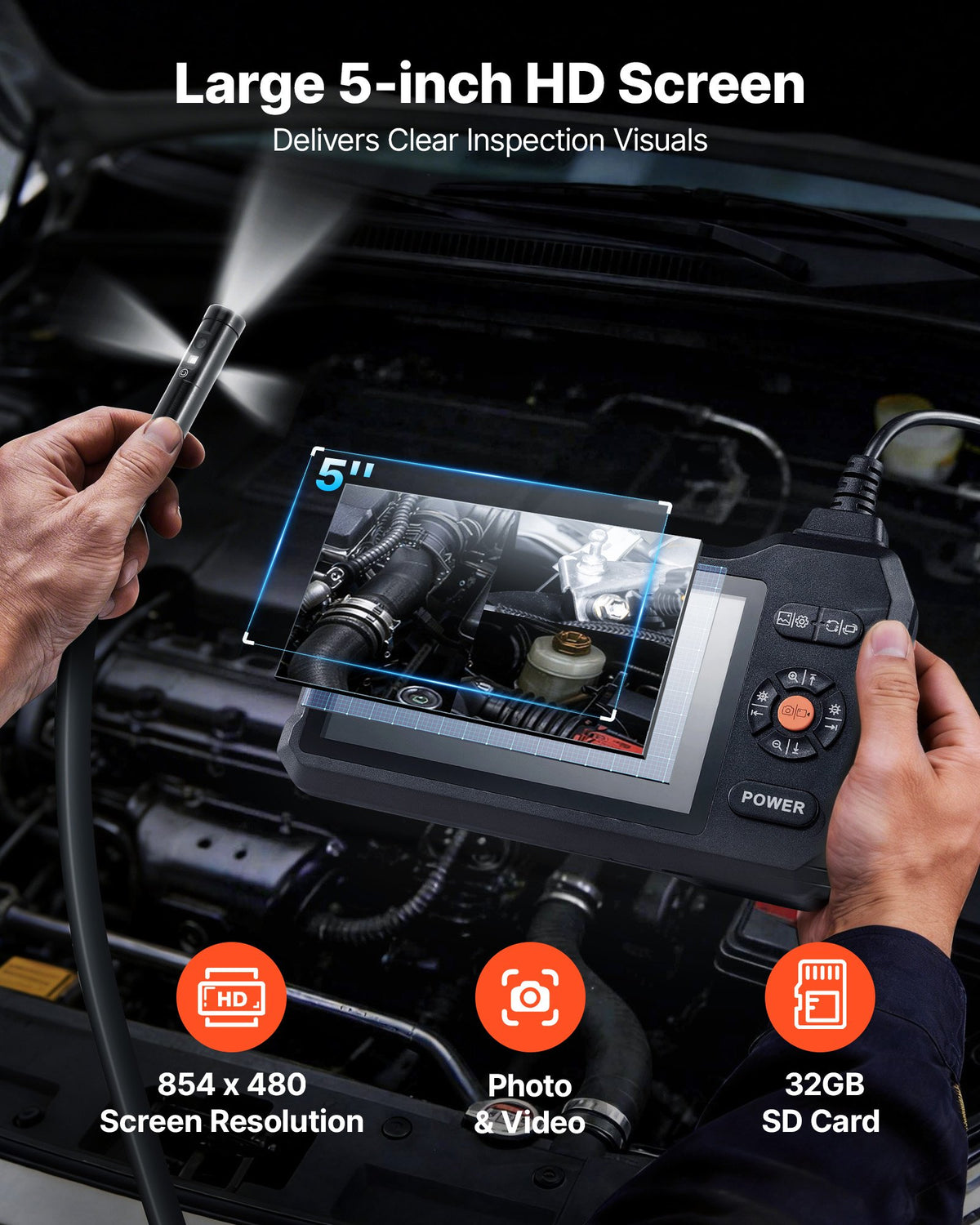 VEVOR Triple Lens Endoscope with Light, 5" HD IPS Screen Industrial Borescope Camera, 1280 x 720 Lens, 8 + 2 LEDs, 8X Zoom, IP67 Waterproof Inspection Snake Camera for Auto, Plumbing (5m Rigid Cable)