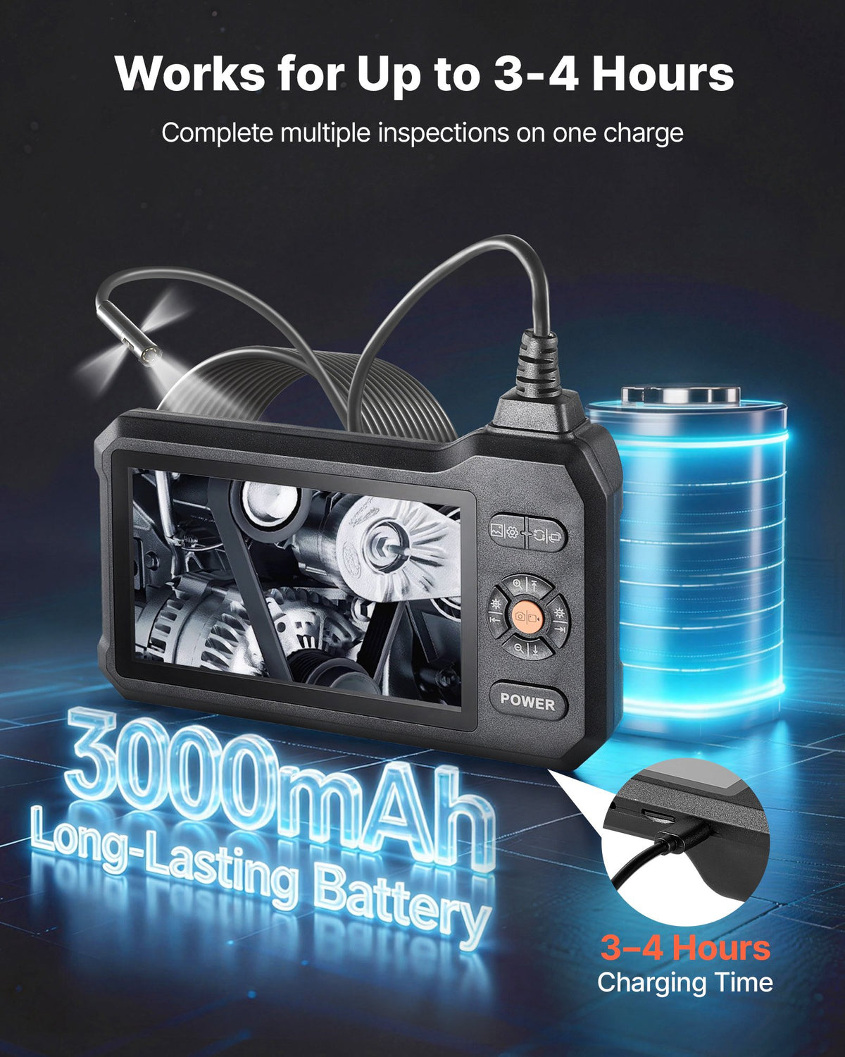 VEVOR Triple Lens Endoscope with Light, 5" HD IPS Screen Industrial Borescope Camera, 1280 x 720 Lens, 8 + 2 LEDs, 8X Zoom, IP67 Waterproof Inspection Snake Camera for Auto, Plumbing (5m Rigid Cable)