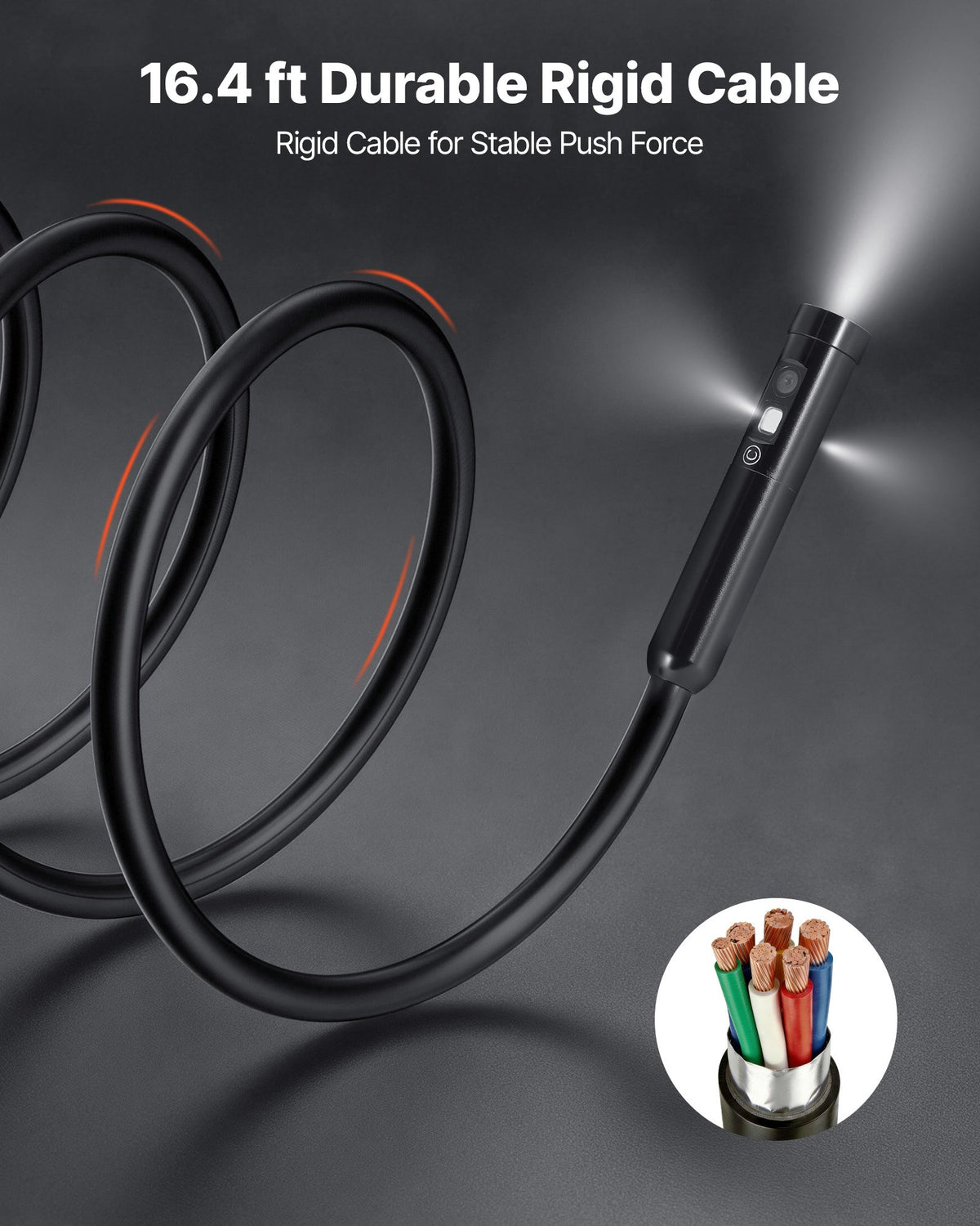 VEVOR Triple Lens Endoscope with Light, 5" HD IPS Screen Industrial Borescope Camera, 1280 x 720 Lens, 8 + 2 LEDs, 8X Zoom, IP67 Waterproof Inspection Snake Camera for Auto, Plumbing (5m Rigid Cable)