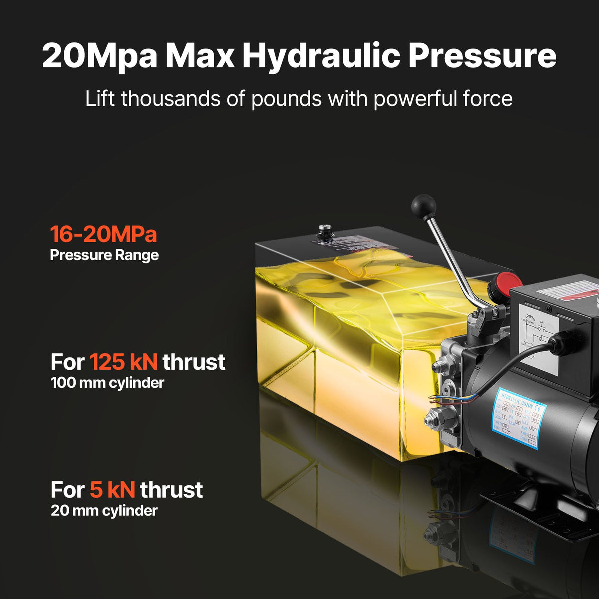 VEVOR 14 L Hydraulic Power Unit, Single Acting Steel Dump Trailer Pump, 22 MPa Max Relief Pressure & 6.3 L/min Flow Rate, 220-240V Hydraulic Pump with Metal Reservoir for Dump Trailer Car Lifting