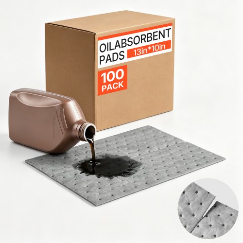 VEVOR Oil & Water Absorbent Pads, 33x25 cm 100-Pack, Heavy-Duty Spill Absorbing Pads, Universal for Gasoline/Engine Oil/Water/Coolant, Durable PP Spill Control Mats for Garage Workshop Factory