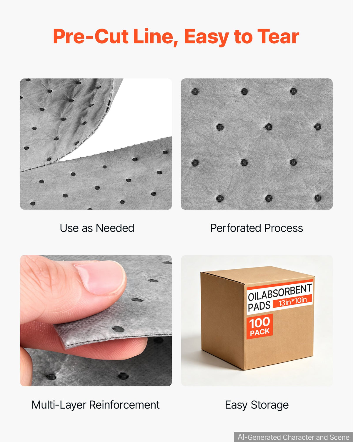 VEVOR Oil & Water Absorbent Pads, 33x25 cm 100-Pack, Heavy-Duty Spill Absorbing Pads, Universal for Gasoline/Engine Oil/Water/Coolant, Durable PP Spill Control Mats for Garage Workshop Factory