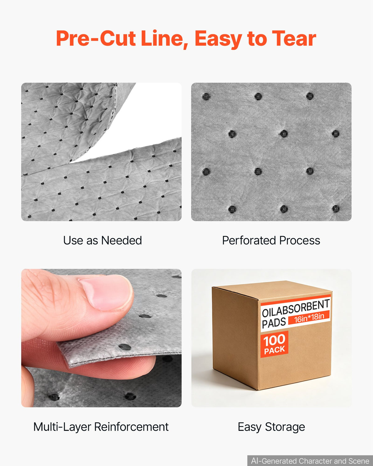 VEVOR Oil & Water Absorbent Pads, 41x46 cm 100-Pack, Heavy-Duty Spill Absorbing Pads, Universal for Gasoline/Engine Oil/Water/Coolant, Durable PP Spill Control Mats for Garage Workshop Factory
