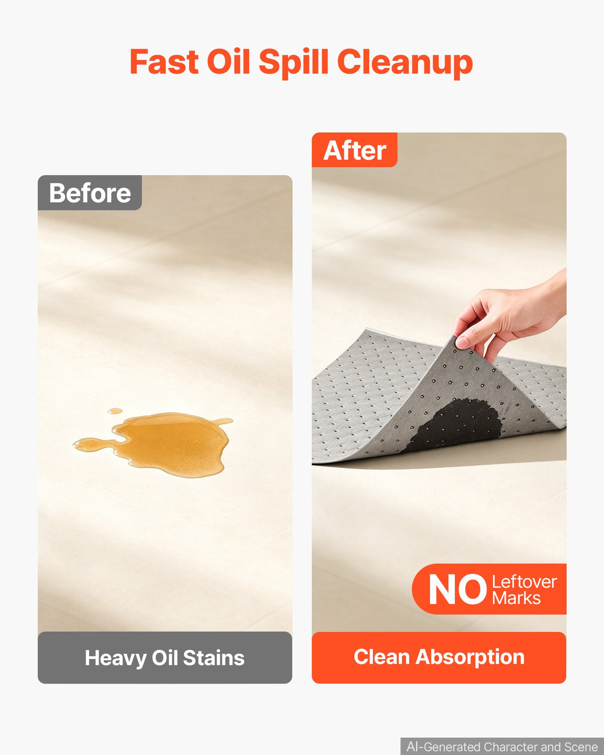 VEVOR Oil & Water Absorbent Pads, 41x46 cm 100-Pack, Heavy-Duty Spill Absorbing Pads, Universal for Gasoline/Engine Oil/Water/Coolant, Durable PP Spill Control Mats for Garage Workshop Factory