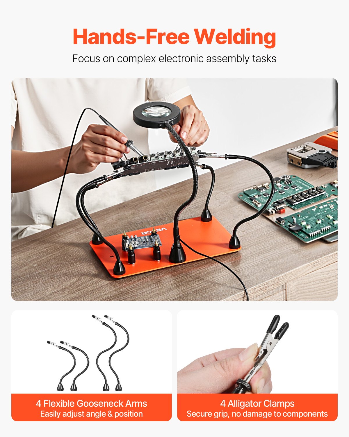 VEVOR Magnetic Helping Hands Soldering Station, 4 Flexible Arms Third Hand Soldering Tool, with 3X LED Magnifying Lamp, 4 PCB  Pillar Holder & Heavy-Duty Base, Electronic Repair Craft Hobby DIY
