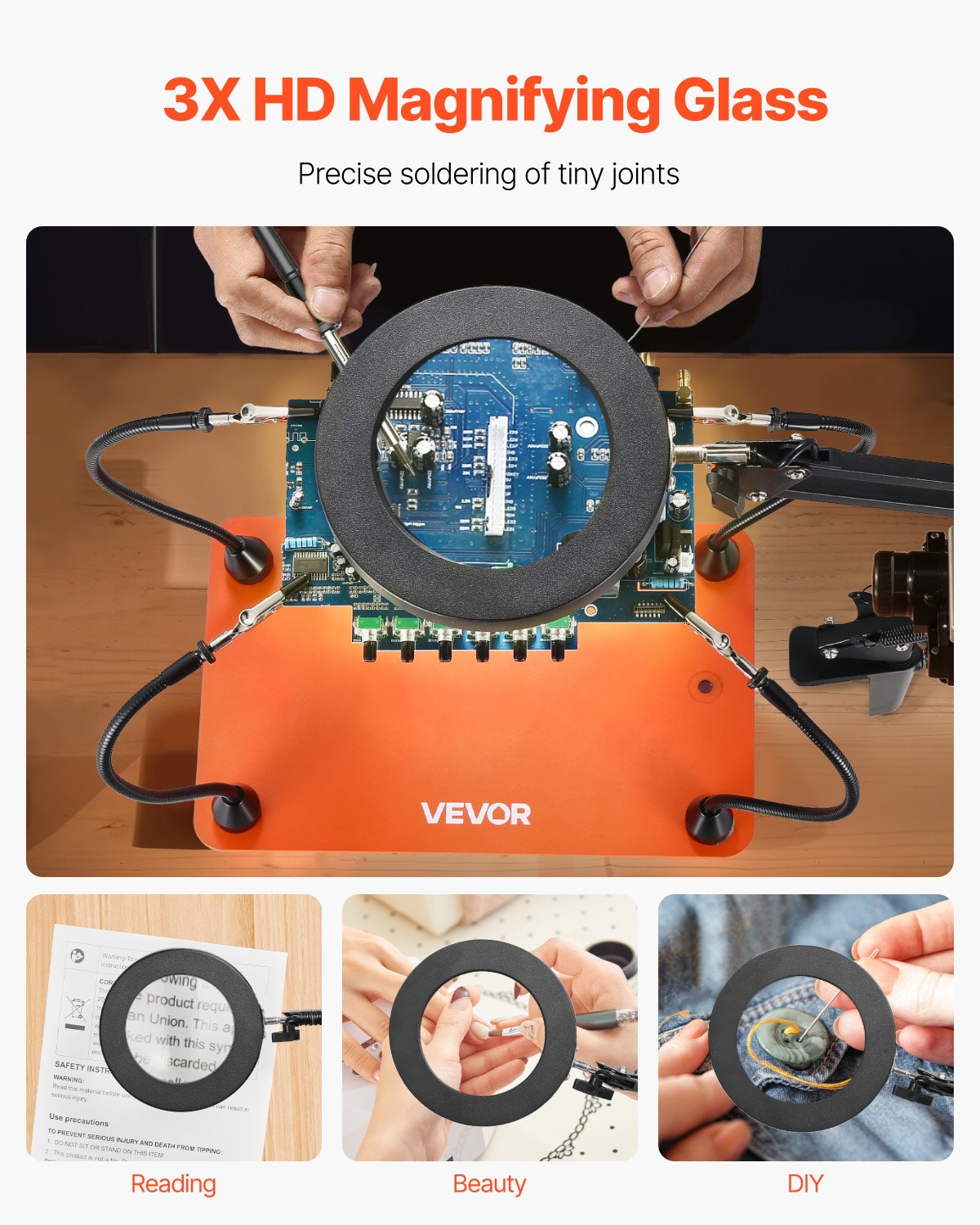 VEVOR Magnetic Helping Hands Soldering Station, 4 Flexible Arms Third Hand Tool with 3X LED Magnifying Lamp & Non-Slip Heavy-Duty Base, Soldering Helping Hands for Electronic Repair Craft Hobby DIY