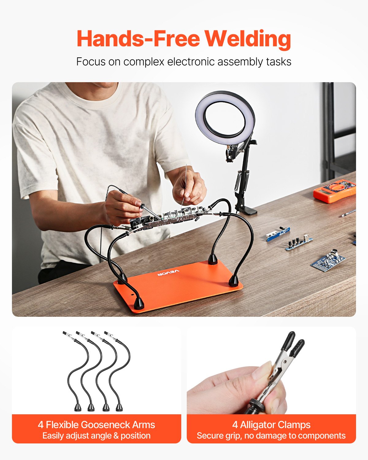 VEVOR Magnetic Helping Hands Soldering Station, 4 Flexible Arms Third Hand Tool with 3X LED Magnifying Lamp & Non-Slip Heavy-Duty Base, Soldering Helping Hands for Electronic Repair Craft Hobby DIY