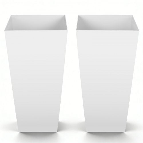 VEVOR Tall Planters Set of 2, 665 mm Large Outdoor Taper Planters for Outdoor Indoor Plants, Front Porch Plastic Modern Flower Pots with Casters, Inner Pot & Drainage Holes for Patio, Garden, White