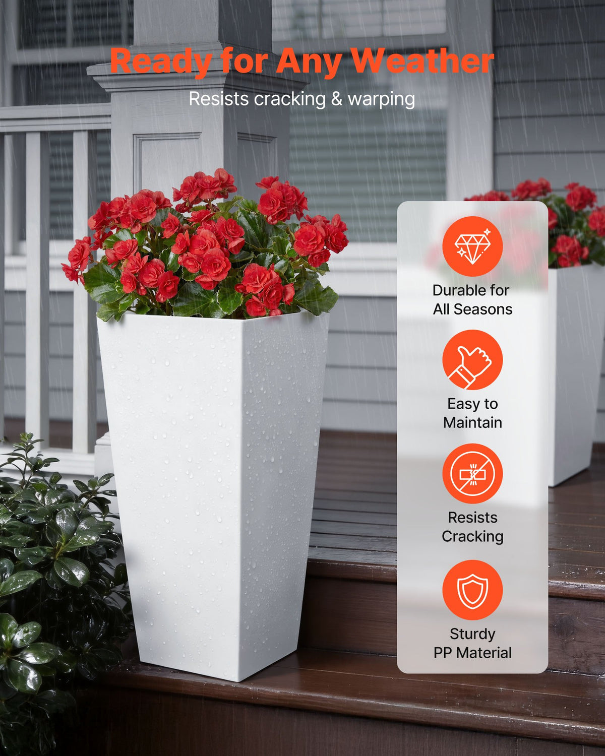 VEVOR Tall Planters Set of 2, 665 mm Large Outdoor Taper Planters for Outdoor Indoor Plants, Front Porch Plastic Modern Flower Pots with Casters, Inner Pot & Drainage Holes for Patio, Garden, White